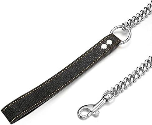 3/4/5FT Strong Dog Chain Leash Silver Cuban Link Training Leash Width 10mm/14mm Waterproof Chew-Proof Stainless Steel with Genuine Leather Handle Leash for Small, Medium Large Dogs(14mm,3FT) in Kuwait