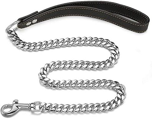 3/4/5FT Strong Dog Chain Leash Silver Cuban Link Training Leash Width 10mm/14mm Waterproof Chew-Proof Stainless Steel with Genuine Leather Handle Leash for Small, Medium Large Dogs(14mm,3FT) in Kuwait