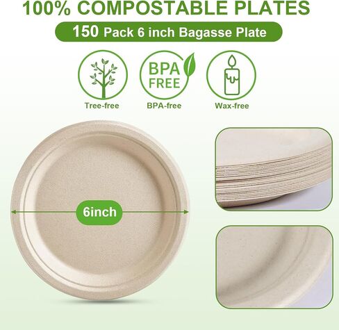 6 Inch Paper Plates 150 Counts, Heavy-Duty Disposable Small Paper Plates, Compostable Plates, Made Of Natural Bagasse, Eco-Friendly Sugarcane Plates in Saudi Arabia