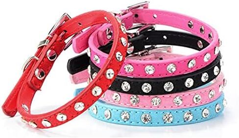 Dog Collar Crystal Bling Rhinestone pu Leather Puppy Cat Collars Necklace Neck Strap (Black, XXS) in Saudi Arabia