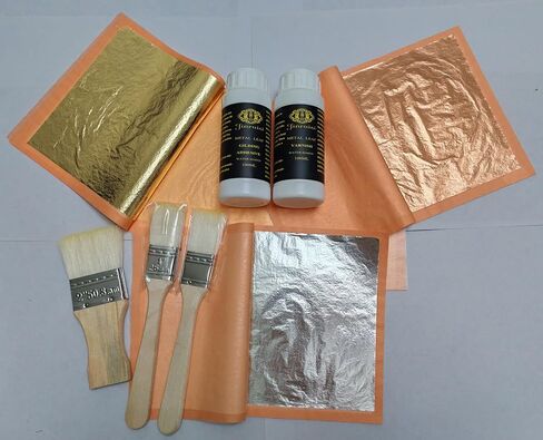 Gold Leaf Kit of Jinruisi Metal Leaf Adhesive 100ml & Metal Leaf Varnish 100ml, Gold Size and Sealer with 100 Sheets Imitation Gold Leaf for Craft, Art,Furniture in Kuwait