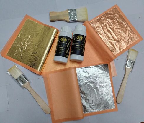 Gold Leaf Kit of Jinruisi Metal Leaf Adhesive 100ml & Metal Leaf Varnish 100ml, Gold Size and Sealer with 100 Sheets Imitation Gold Leaf for Craft, Art,Furniture in Kuwait
