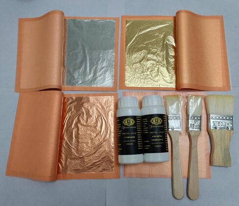 Gold Leaf Kit of Jinruisi Metal Leaf Adhesive 100ml & Metal Leaf Varnish 100ml, Gold Size and Sealer with 100 Sheets Imitation Gold Leaf for Craft, Art,Furniture in Kuwait
