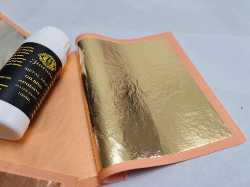 Gold Leaf Kit of Jinruisi Metal Leaf Adhesive 100ml & Metal Leaf Varnish 100ml, Gold Size and Sealer with 100 Sheets Imitation Gold Leaf for Craft, Art,Furniture in Kuwait