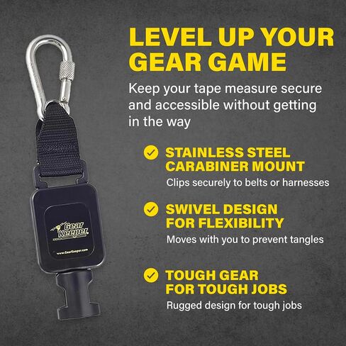Gear Keeper Tape Measure Tether RT4-5615 Low Profile Retractable with 20oz Tape Weight Limit - Stainless Steel Rotating Belt Clip - 45" Spectra/Nylon Line Extension - ANSI/ISEA 121 Compliant USA Made in Saudi Arabia