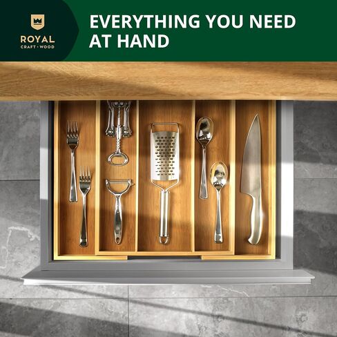 ROYAL CRAFT WOOD Luxury Bamboo Kitchen Drawer Organizer - Silverware Organizer - Utensil Holder and Cutlery Tray with Grooved Drawer Dividers for Flatware and Kitchen Utensils (5 Slot, Natural) in Kuwait