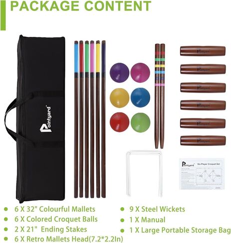 32’’ Six Player Croquet Set, Regulation [Vintage Archaize] Croquet Set with Wooden Mallets/Colored Ball/Wickets/Stakes for Adults/Teenagers/Family-Perfect for Lawn/Backyard Game/Park in Kuwait