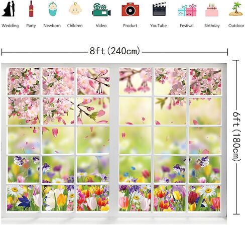 Spring Backdrop for Photography Spring Window Nature Pink Flowers Background 7x5FT Easter Party Decorations Baby Shower Kids Portrait Photo Booth Props (84x60 inch) in Kuwait