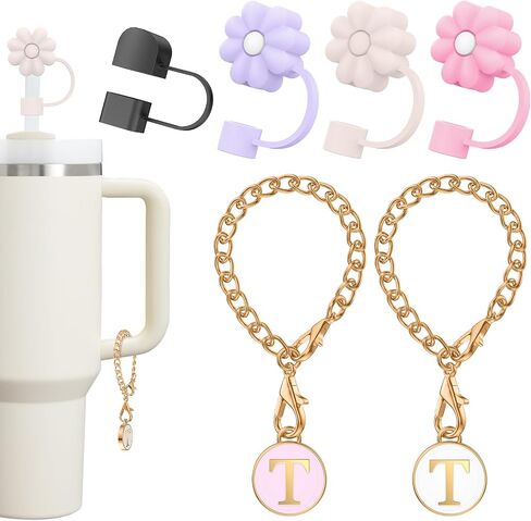 4PCS Straw Cover for Stanley Cup 30& 40 Oz Tumblers,9-10mm Soft Silicone Straw Toppers for Stanley Cup Accessories, 2PCS Initial Letter Stanley Charms for Handle,Dust-proof Straw Covers in Saudi Arabia