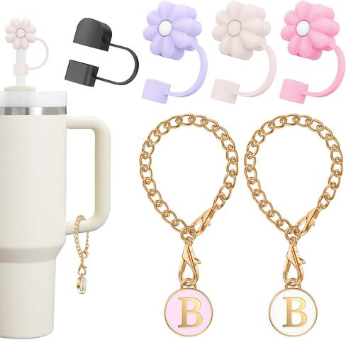 4PCS Straw Cover for Stanley Cup 30& 40 Oz Tumblers,9-10mm Soft Silicone Straw Toppers for Stanley Cup Accessories, 2PCS Initial Letter Stanley Charms for Handle,Dust-proof Straw Covers in Saudi Arabia