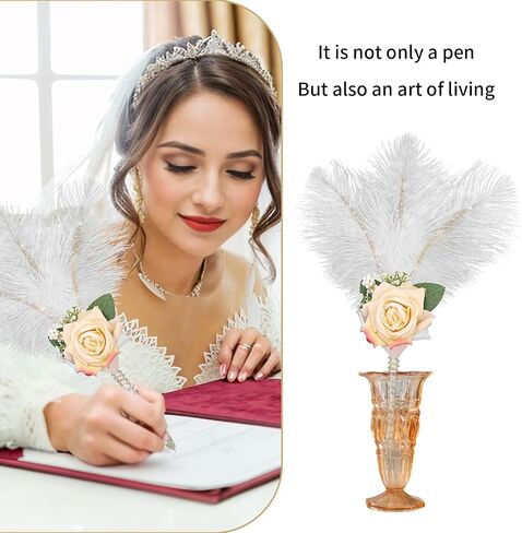 CROWN GUIDE Feather Ballpoint Pen Ink Quill Pen for Wedding Guest Book - Antique Rose Feather Pen Fancy Soft Fluffy Pens Wedding Signature Pens for Signing Bridal Shower Party Office Calligraphy Pen in Saudi Arabia