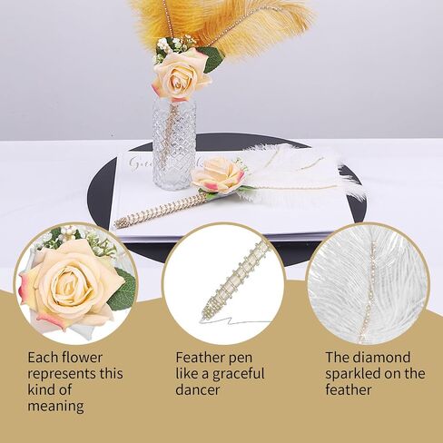 CROWN GUIDE Feather Ballpoint Pen Ink Quill Pen for Wedding Guest Book - Antique Rose Feather Pen Fancy Soft Fluffy Pens Wedding Signature Pens for Signing Bridal Shower Party Office Calligraphy Pen in Saudi Arabia
