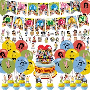 زخارف الحفلات Bobs Burgers - لوازم أعياد الميلاد مع لافتة ، كعكة توبر ، 12 قبعات كب كيك ، 18 بالونات ، 50 ملصقًا