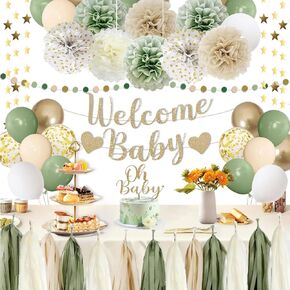 Sage Green Baby Shower Decoritions ، مرحبًا بكم لافتة الطفل ، البالونات الخضراء الحكيم ، الكعك العلوي ، بوم بومز ، شرابات الزهور ، دائرة نجم ، جينرلاند ، تكشف عن زخارف دش الطفل المحايدة
