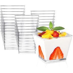 Eupako 50 Pack 5 oz Square Clear Plastic Dessert Cups Small Clear Plastic Tumbler Cups Great for Desserts, Appetizers, Puddings, Mousse and More
