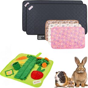 Chewproof Rabbit Cage Liners & Foraging Mat, 6 Pcs – Includes 2 Pee Pads, 3 Soft Bunny Mats, and 1 Veggie Patch Snuffle Mat, Washable Rabbit Bedding & Enrichment Toys for Small Pets, Dogs & Cats