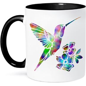 3dRose Rainbow Tie Dye Hummingbird and Flowers, Yellow Mug, 11 oz