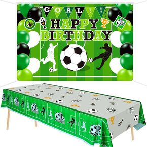 Soccer Happy Birthday Backdrop and Table Cover Set - Soccer Theme Party Photo Props with 51 x 86in Plastic Rectangle Tablecloths Decorations for Kids Soccer Themed Birthday Party Decorations