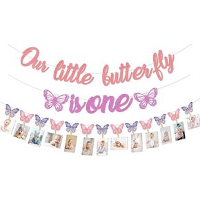 Little Butterfly 1st Bday Girl Banner ، Pink Purple First Decorts for Girls Party Supplies