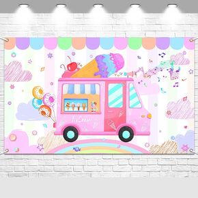 Avezano Ice Cream Truck Backdrop Banner Ranner for Girls Birthday Party Decor Cake Cake Decoration