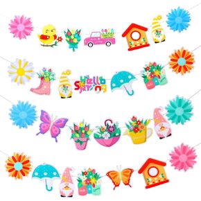 Blulu 9ft 4 PCS Hello Spring Banner Colorful Flower Carlands Spring Party Party Decorations Diisy Butterfly Gnome Banner Carlands for Easter Office Home Home Fireplace Window Tree Decor
