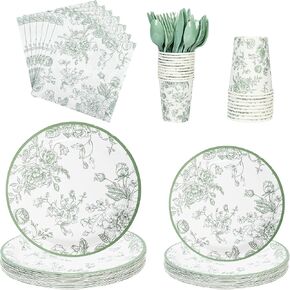 175Pcs Pink Floral Paper Plates and Napkins 25 Guests Pink White Toile Chinoiserie Party Supplies Set Include Plates Napkins Cups Spoons Forks Knives for Christmas Birthday Wedding (175, Pink Floral)
