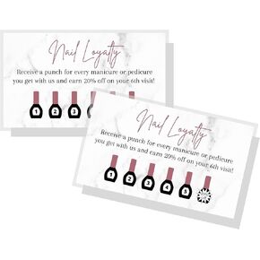 Manicure & Pedicure Loyalty Discount Card | 50 Pack | Physical Printed 2x3.5" inch Business Card Size | Nail Salon Loyalty Card | Marble and Mauve Design