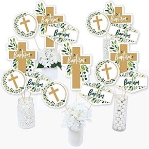 Big Dot of Happiness Baptism Elegant Cross - Religious Party Centerpiece Sticks - Table Toppers - Set of 15