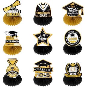 hoyuwak 9 PCS Graduation Party Decorations Graduation Table Centerpiece Class of 2025 Glitter Graduation Honeycomb Table Toppers for Graduation Party Supplies Decor, Black