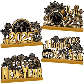 4 Pcs Happy New Years Decorations, Happy New Year 2025 Wooden Table Centerpieces, Black Gold New Years Party Supplies, New Years Decorations for New Years Eve Party Supplies