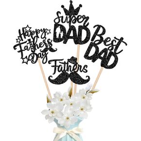 12 PCS Happy Father's Day Centerpiece Sticks Double Sided Glitter Moustache Hat Super Dad Best Dad Centerpieces for Happy Father's Day Theme Table Flower Decorations Men Birthday Party Supplies Black