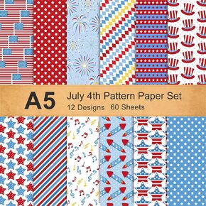 Whaline 12 Design 4th July Pattern Paper Paper Set A5 A5 American Flag Stars Stripes Craft Paper 60 Sheet Red Blue White White-Side-Side