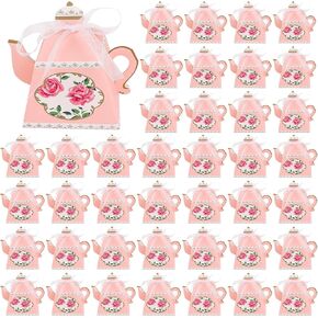 Framendino ، 50 Pack Teapot Candy Boxes Mini Taffic Fintage Floral Box with Ribbon for Teat Time Garden Wedding Bridal Decoration (Pink)