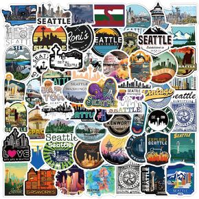 63pcs Seattle Sticker Kawaii Travel Pack Pack | لطيف VSCO City Cartoon Cool Deacls ملصقات Graffiti فينيل للبالغين ماء زجاجة التزلج على جهاز الكمبيوتر المحمول هاتف الكمبيوتر المحمول