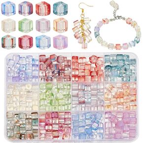 PH Pandahall 420pcs حبات زجاجية مكعب ، 12 لونًا 8 ملم ، حبات زجاجية مربعة من الزجاج المربع ، حبات مكعب فضفاضة لتصنيع مجوهرات قلادة DIY.