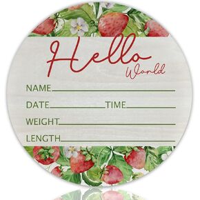 Baby Announcement Sign for Newborn Boys or Girls, Hello World Newborn Sign, Nursery Wall Decor, Baby Name Sign, Strawberry Theme Birch Wood 6 inch Circle Board Birth Stat Sign, Newborn Gifts