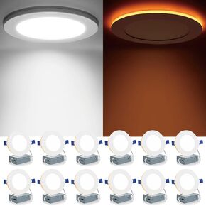 Meconard 12 Pack 6 Inch 5CCT LED Canless Recessed Lighting with Night Light, 2700K/3000K/3500K/4000K/5000K Selectable Ultra-Thin LED Ceiling Lights, 12W=110W, 1050LM, Dimmable Wafer Downlight ETL&FCC