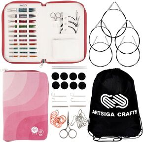 مجموعة Knitpro Dreamz Regal Set 4 بوصة إبر حياكة دائرية بحجم 2.5 ، 3 ، 4 ، 5 ، 6 ، 7 ، 8 ، 9 ، 10 ، 10.5 ، 11 قابلة للتبديل ، 5 كابلات ، 8 أغطية ، 4 مفاتيح ، موصلان ، علبة النسيج مع حقيبة المشروع