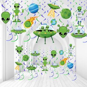 Capoda 54 PCS Decorations Alien Decirits شنقا لا توجد دوامات DIY UFO السقف الحزب زخارف السقف الأخضر الغريبة الأجنبية الصحن الفضاء رجل معلق دوامات للأولاد فتيات عيد ميلاد استحمام الطفل