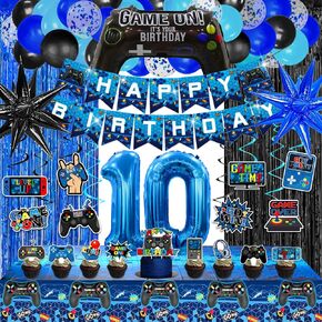 69pcs فيديو ألعاب عيد ميلاد العاشرة من الزخارف ، Blue Black Level 10 Decortations Banner Banner Hanging Balloons Garland Arch Foil Sterains for Boys 10th Decorations