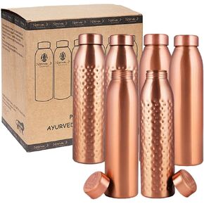 NORMAN JR, Copper Water Bottle 1Liter - Gift Box of 6, Plain 3, Hammered 3, an Ayurvedic vessel made from pure copper - helps you drink more water, with many health benefits