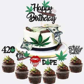 1 حزمة عيد ميلاد سعيد كعكة Topper Glitter 420 عيد ميلاد موضوع كعكة اختيار وعاء الحشائش أوراق الديكور كعكة للرجال النساء 420 لوازم حفلة عيد ميلاد سعيد