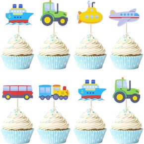 Gyufise 36pcs Cupcake Cupcake Toppers Car Truck Train Train Airplane Airplane Party Cake Toppers تختار للأطفال مستلزمات حفلة استحمام الطفل