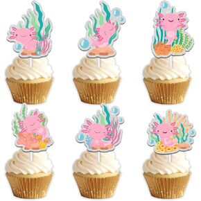 18pcs Pink Glitter Cute Axolotl Dessert Cupcake Topper Pick for Cartoon Animal Axolotl Theme Decorations Baby Shower Girls Boys Happy Birthday Party Decor Supplies