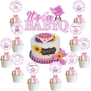 زينة استحمام الطفل الشواء فتاة - 25 جهاز كمبيوتر الشخصي Babyq Baby Shower Cake Cupcake Topcake ، إنه طفل Q Party Decorations Cake Topper for Barbecue Picnic Decorations Decorations Pink