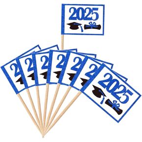 100 PCS Mini Graduation 2025 Toinpick Flags Decorations Decorations theme ، خريجي فئة 2025 Cap Diploma Cupcake Topcake Cocktail Food Flags Decor （Green）