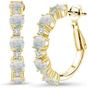 Gem Stone King 18K Yellow Gold Plated Silver Blue Created Sapphire and White Lab Grown Diamond Hoop Earrings For Women (2.80 Cttw, Round 4MM and 1.9MM, Gemstone Birthstone 1 Inch Diameter)