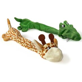 Trenton Gifts Extra Long Stuffing Free Dog Toys with Squeaker. Set of 2. Giraffe and Alligator