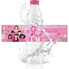 Breast Cancer Awareness Water Bottle Labels, 50Pcs Pink Balloon Ribbon Themed Waterproof Wrappers Wraparound Rectangle Label Peace Love Cure Stickers