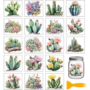 GLOBLELAND 18 Sheets 3.9x3.6inch Cactus Rub on Transfer Colorful Succulent Vase Home Decals Plant Flowers Cup Transfer Stickers for Furniture Vase Glass Art Crafts Decorations